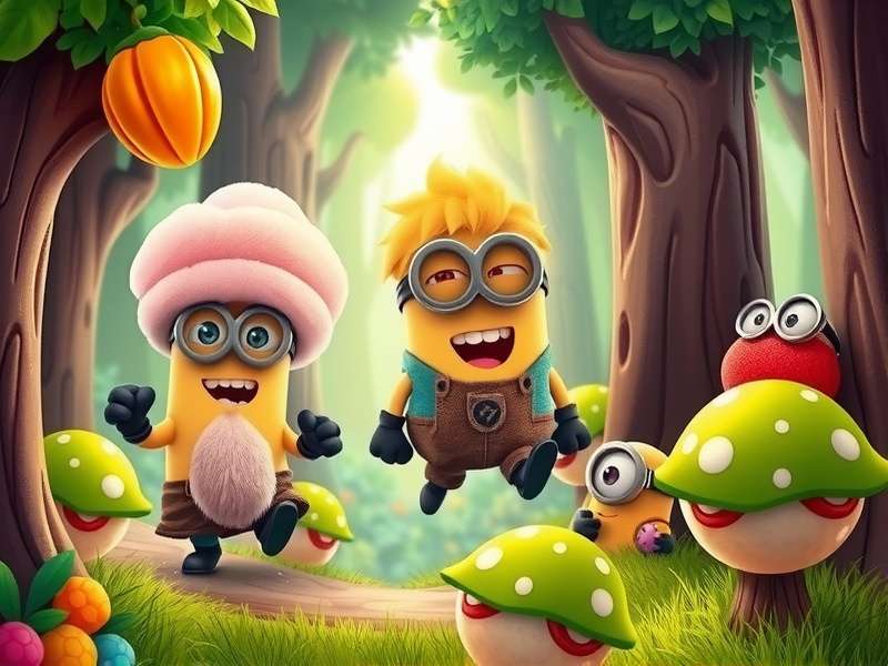 Minion Forest Frenzy game screenshot showing minions in a colorful forest